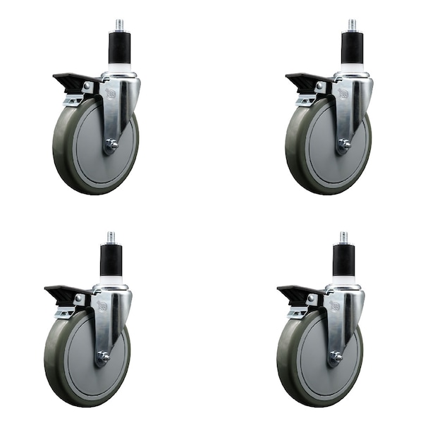 6'' Gray Poly Swivel 1-1/2'' Expanding Stem Caster Set with Brake, 4PK